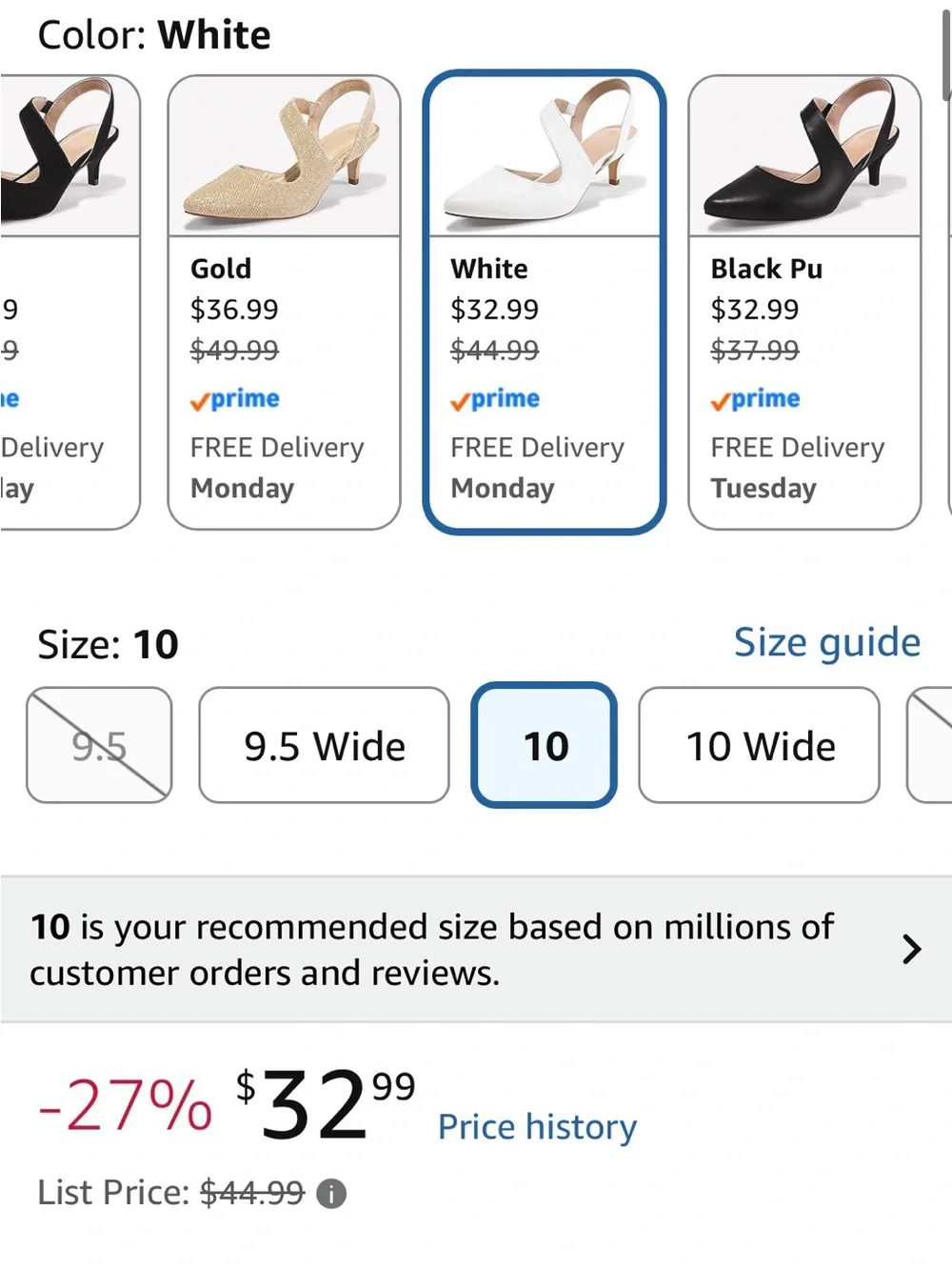 White Pointed-Toe Slingback Kitten Heel Pumps - Women's 10
